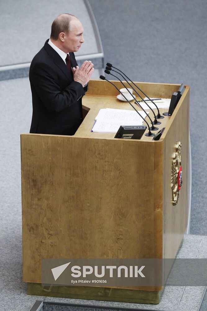 Russian Prime Minister Vladimir Putin speaking at State Duma