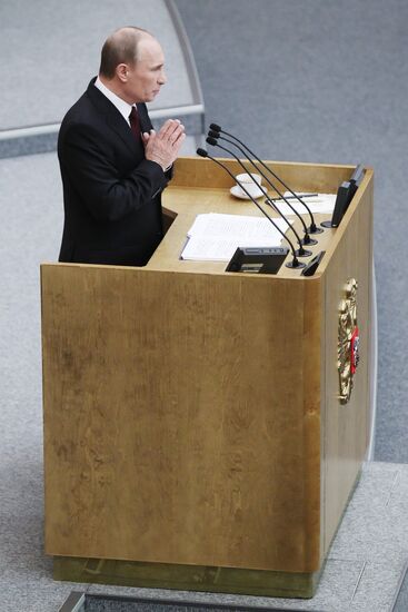 Russian Prime Minister Vladimir Putin speaking at State Duma