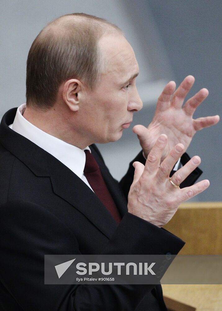 Russian Prime Minister Vladimir Putin speaking at State Duma