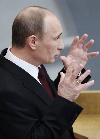 Russian Prime Minister Vladimir Putin speaking at State Duma