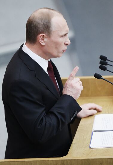 Russian Prime Minister Vladimir Putin speaking at State Duma