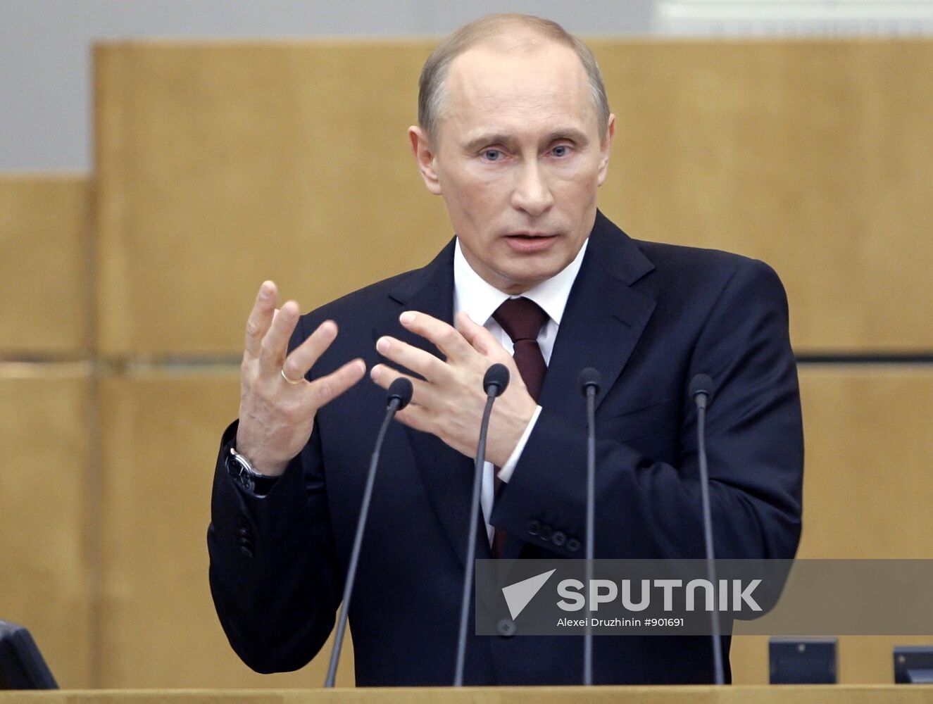 Russian Prime Minister Vladimir Putin speaking at State Duma