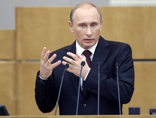 Russian Prime Minister Vladimir Putin speaking at State Duma