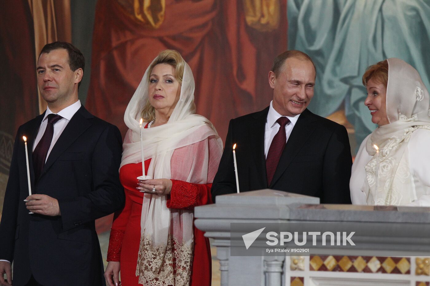 V. Putin and D. Medvedev at Christ the Savior Cathedral Moscow