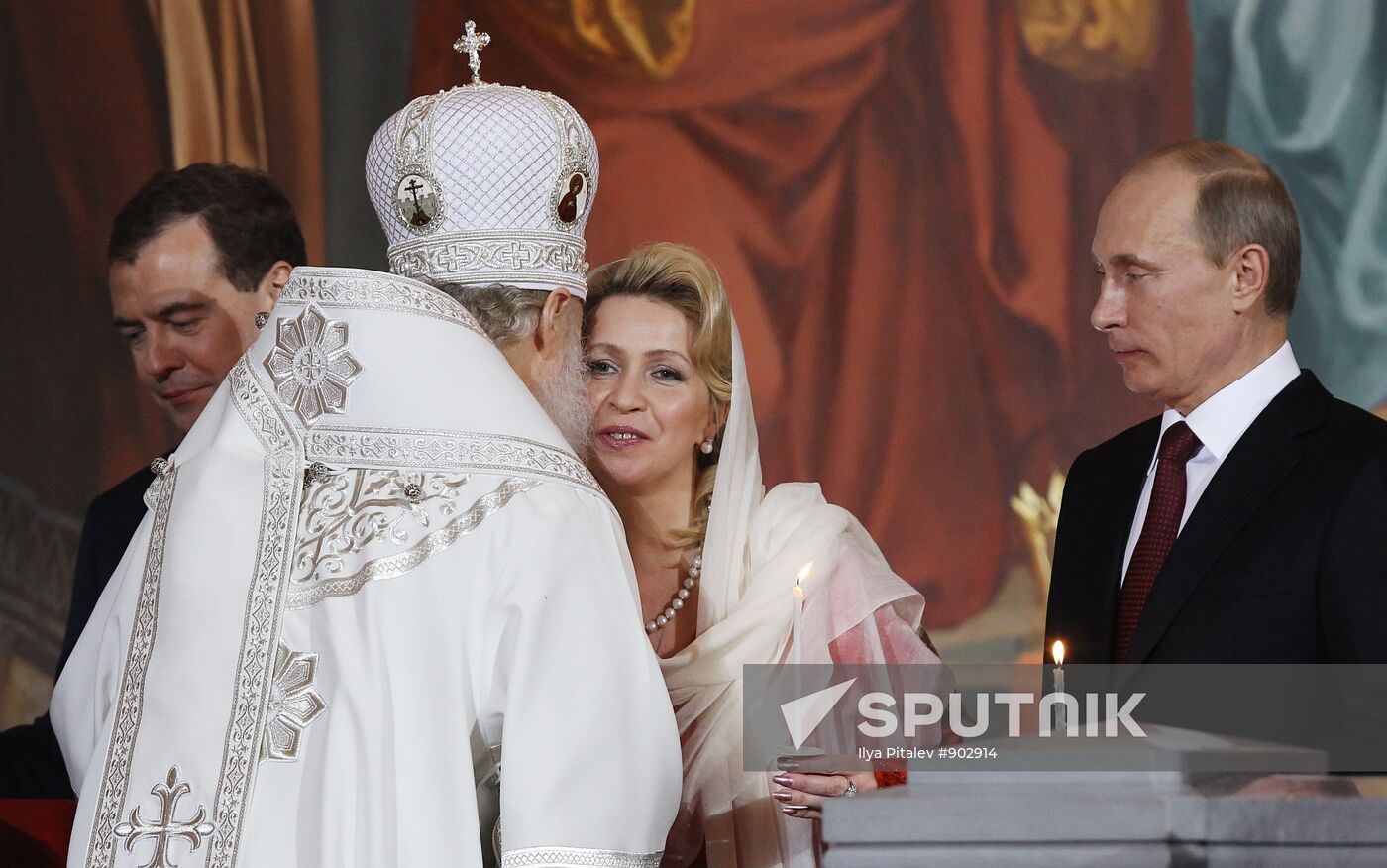 Dmitry Medvedev and Vladimir Putin attend Easter service