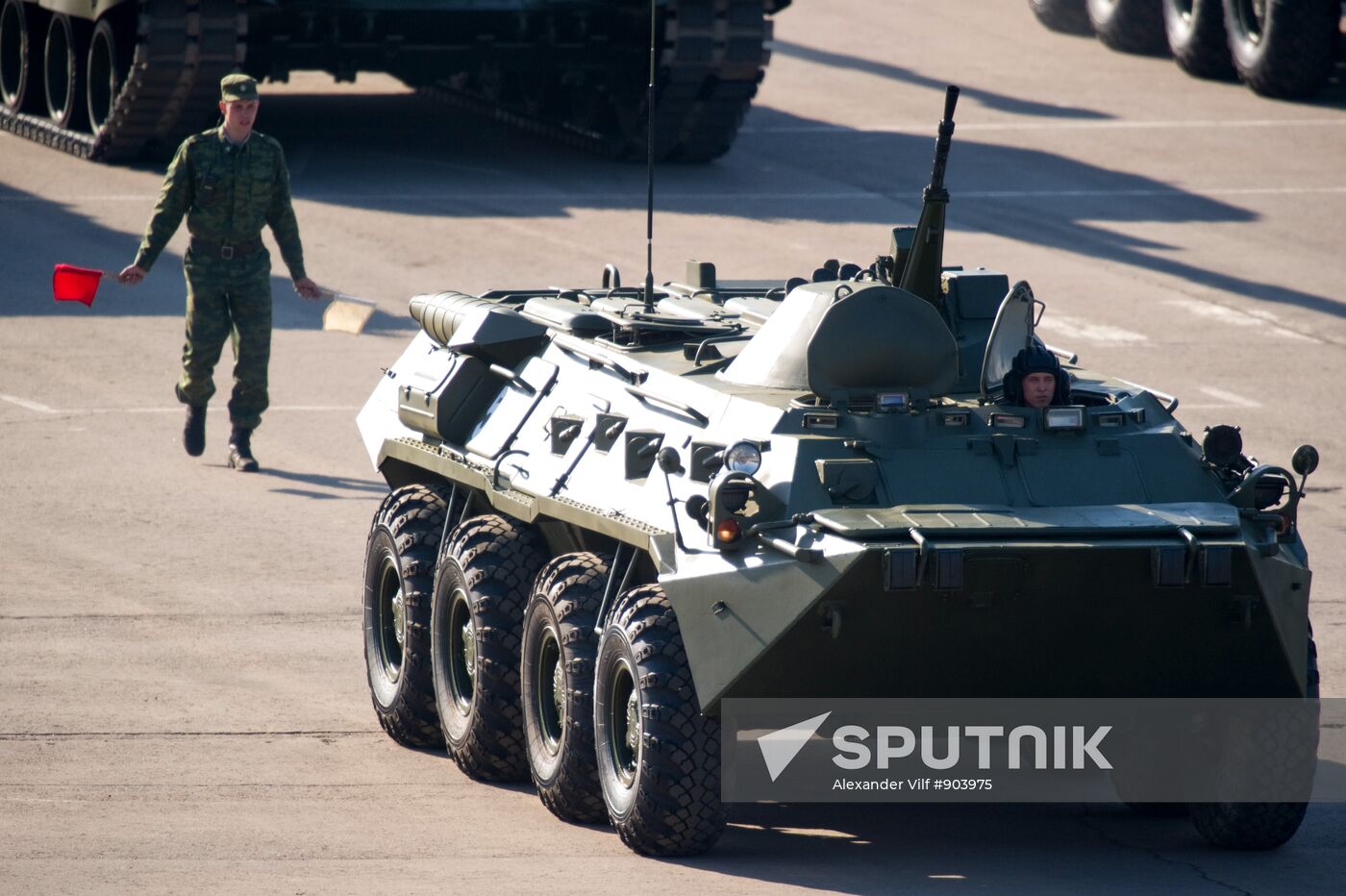 Military equipment advance for Victory Parade rehearsal