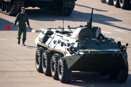 Military equipment advance for Victory Parade rehearsal