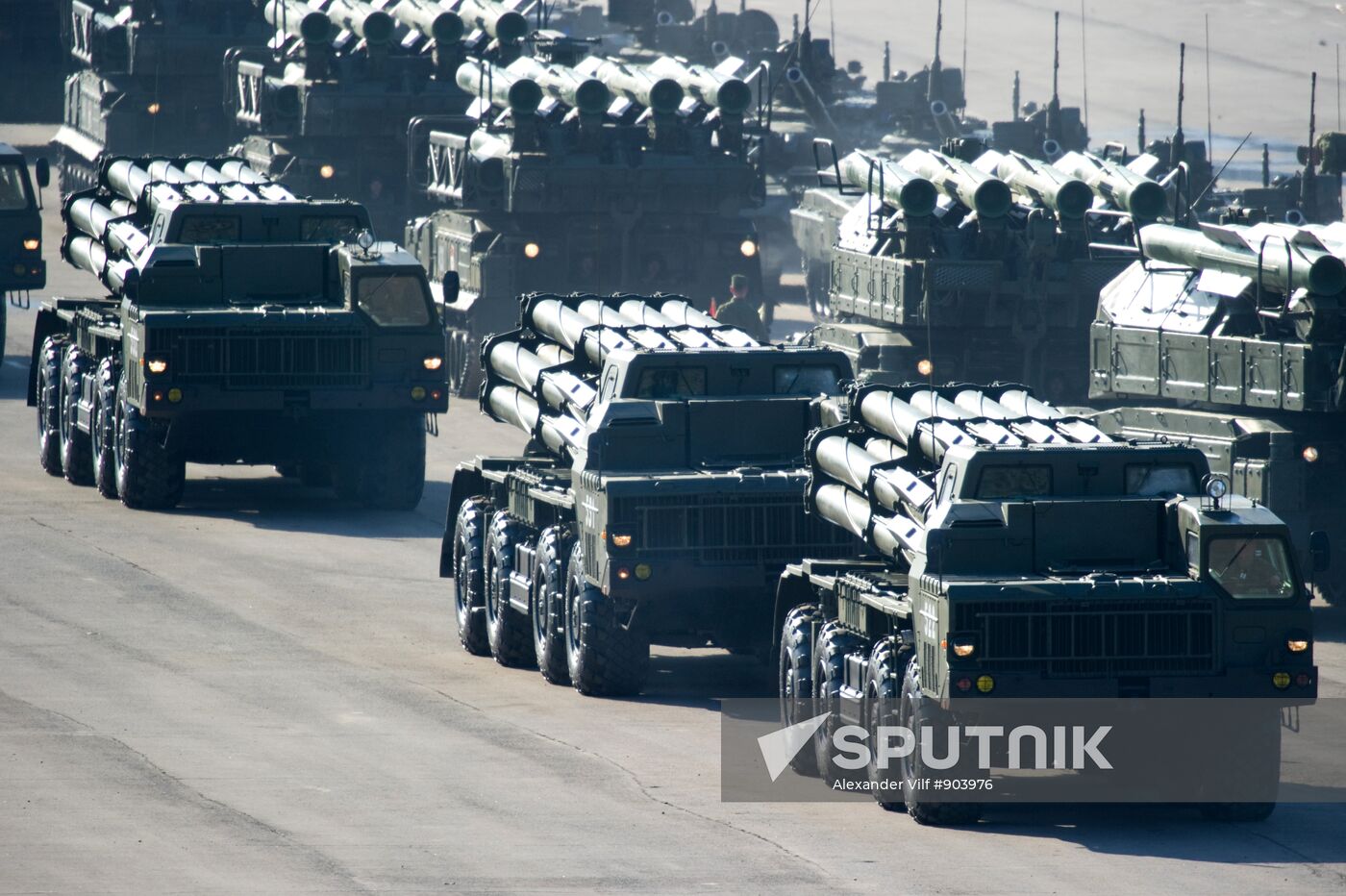 Military equipment advance for Victory Parade rehearsal