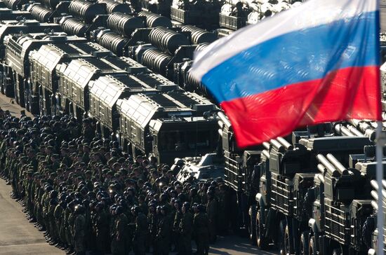 Military equipment advance for Victory Parade rehearsal