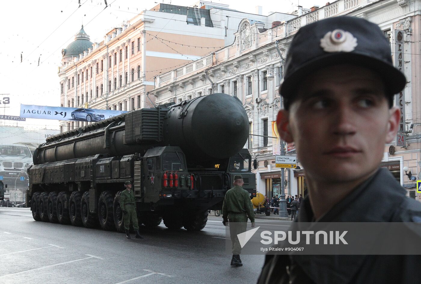 Military equipment advance for Victory Parade rehearsal