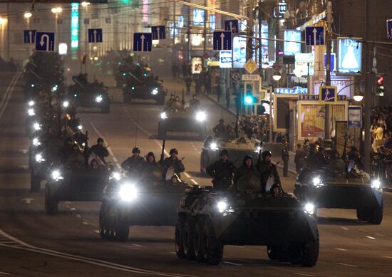 Military equipment advance for Victory Parade drill