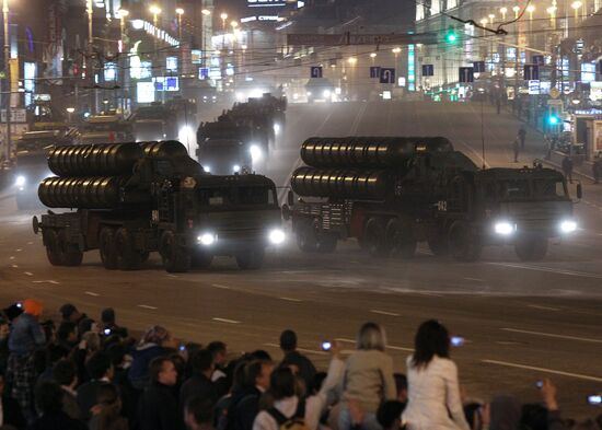 Military equipment advance for Victory Parade drill