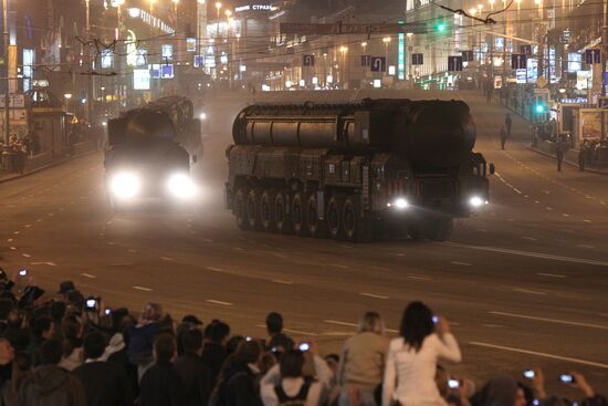 Military equipment advance for Victory Parade drill