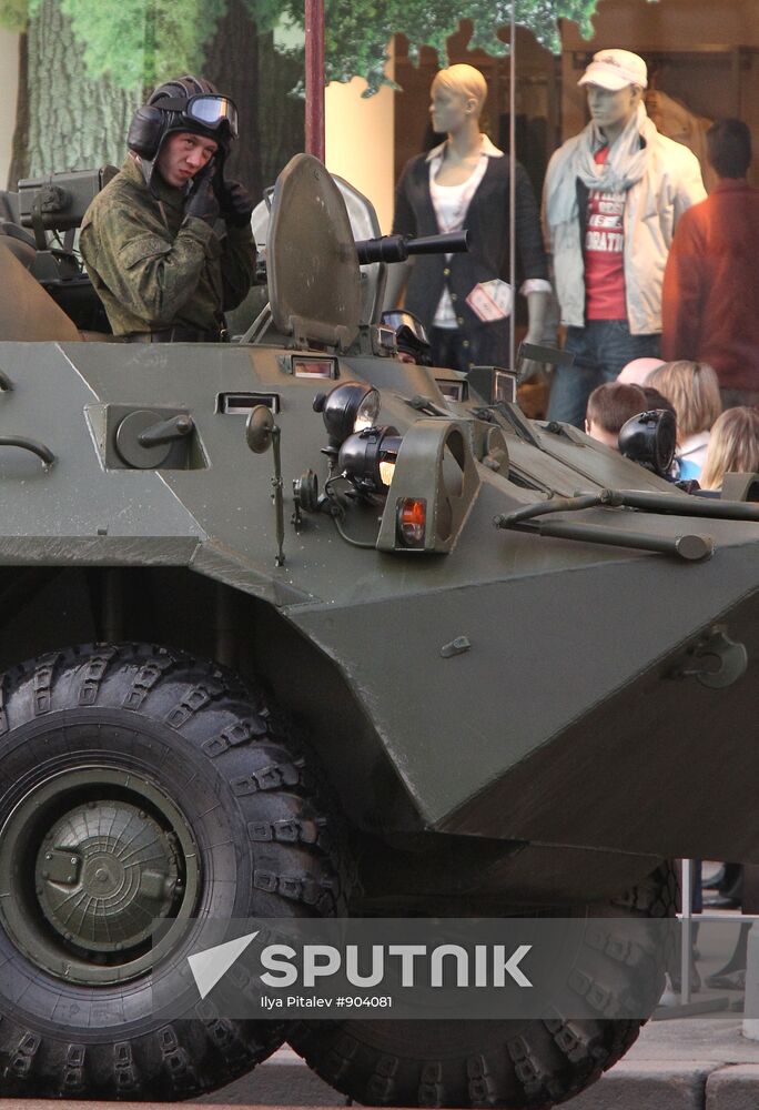 Military equipment advance for Victory Parade drill