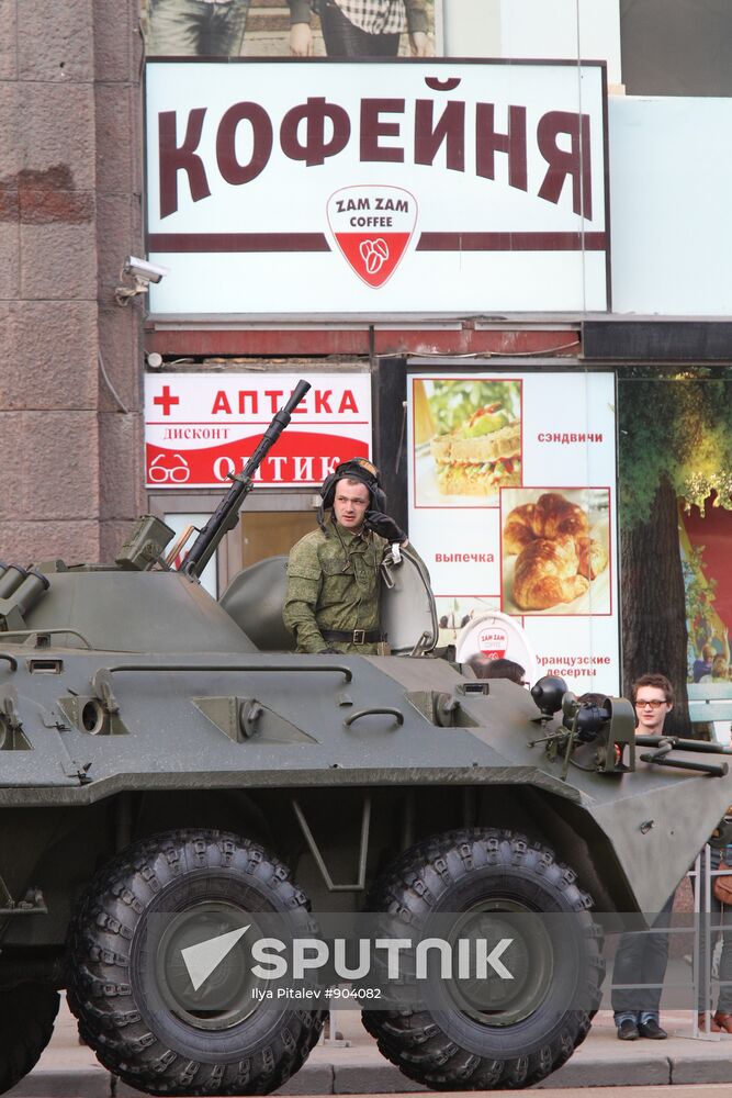 Military equipment advance for Victory Parade drill