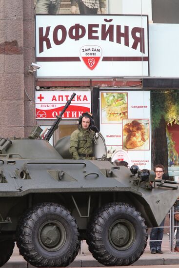 Military equipment advance for Victory Parade drill