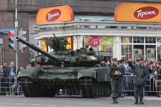 Military equipment advance for Victory Parade drill