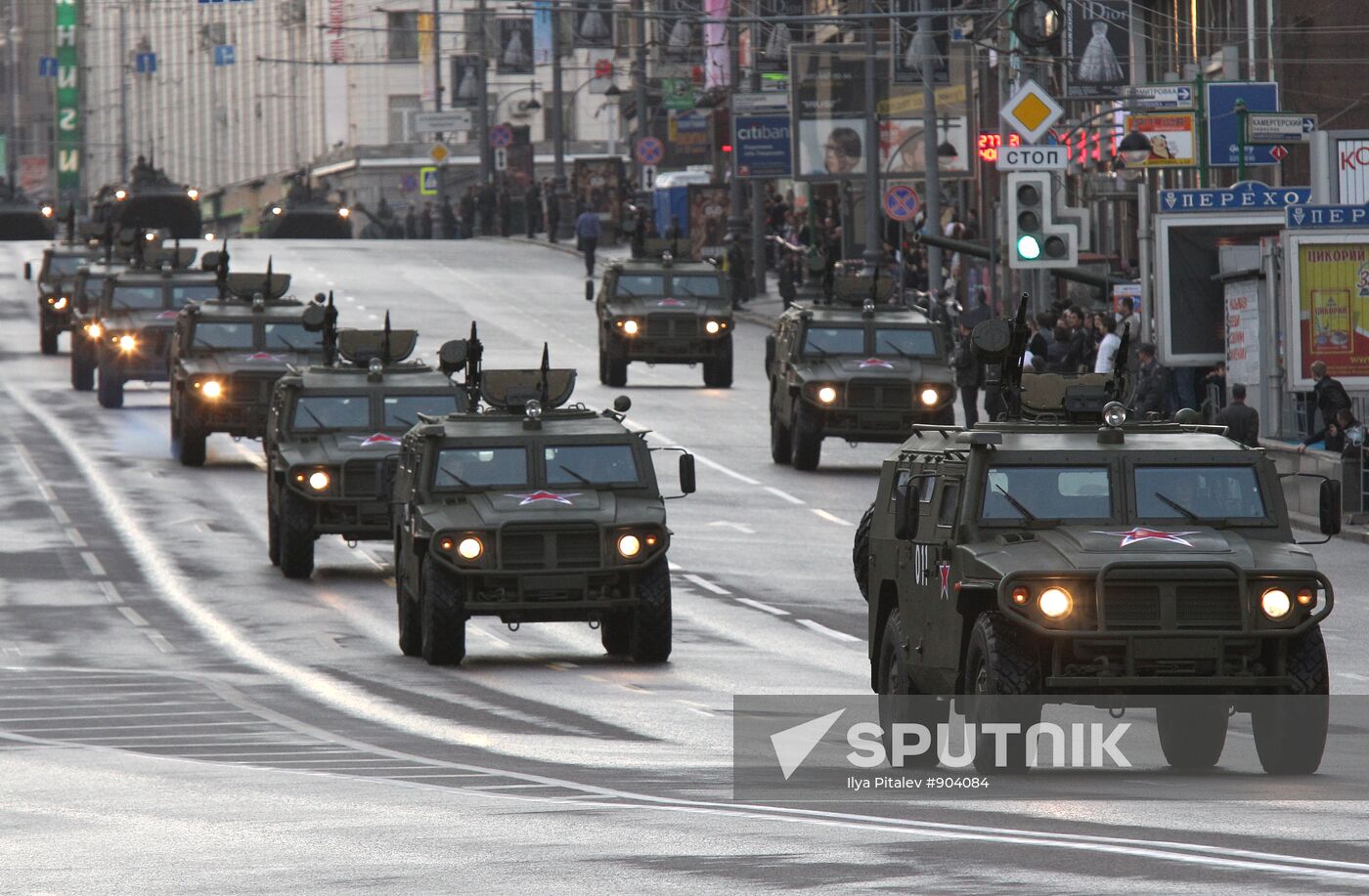 Military equipment advance for Victory Parade drill