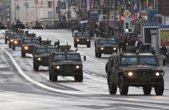 Military equipment advance for Victory Parade drill