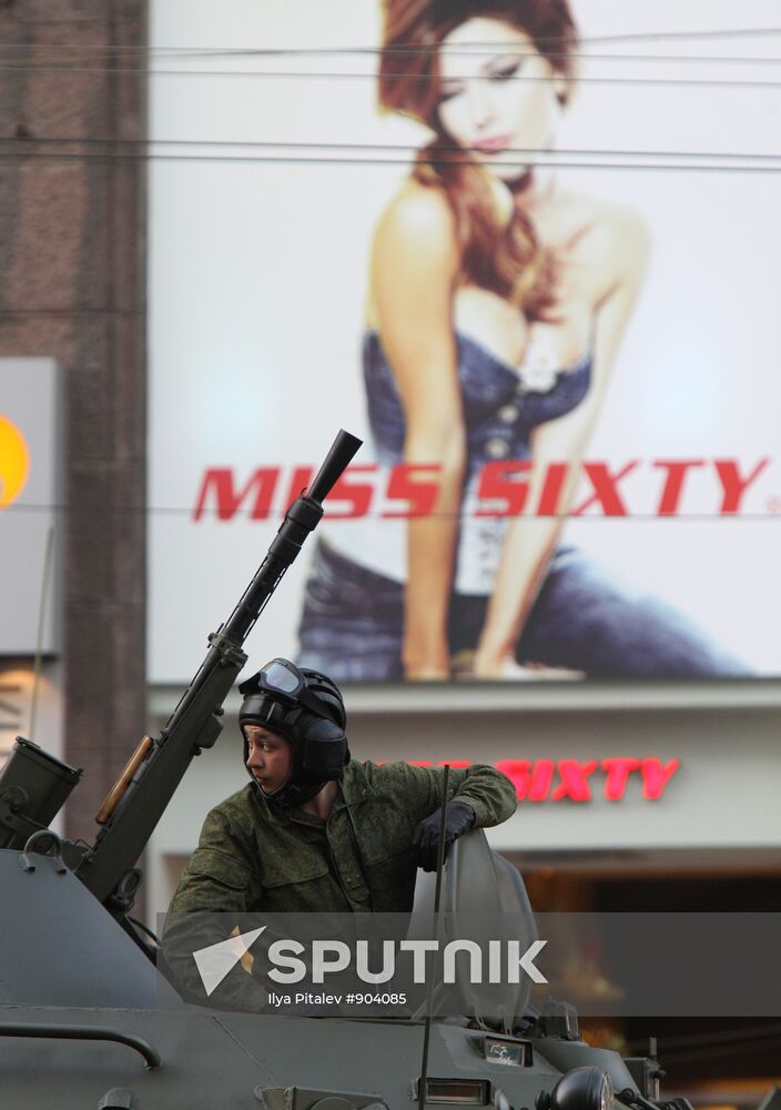 Military equipment advance for Victory Parade drill