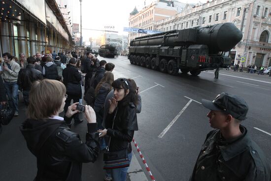 Military equipment advance for Victory Parade drill