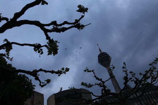 View of television and radio broadcasting tower in Dusseldorf
