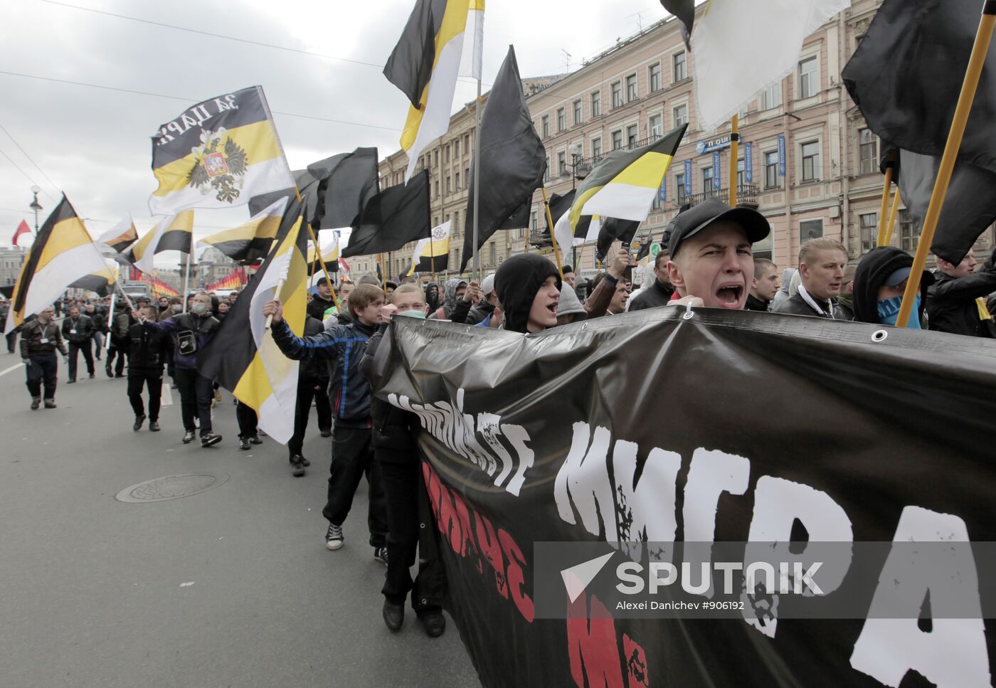 Column of the Movement against Illegal Immigration participating in the march dedicated to the Spring and Labor Day on Nevsky Avenue. Location: Russia, St. Petersburg. Author: Alexei Danichev/Sputnik. Labor Day demonstrations in St. Petersburg