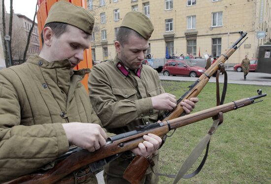 Retro-caravan of military equipment from WWII in St. Petersburg