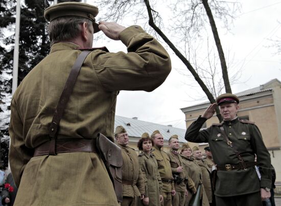 Retro-caravan of military equipment from WWII in St. Petersburg
