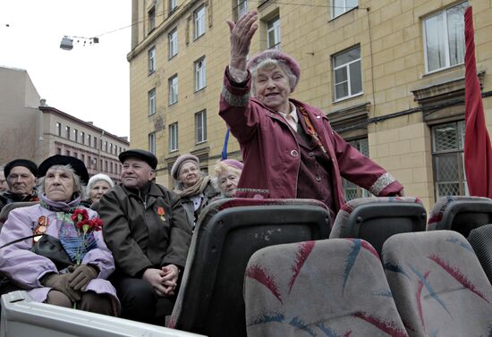 Retro-caravan of military equipment from WWII in St. Petersburg