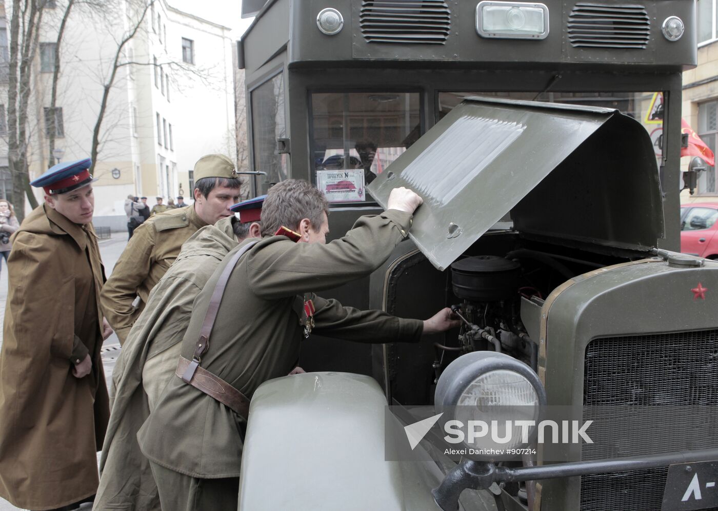 Retro-caravan of military equipment from WWII in St. Petersburg