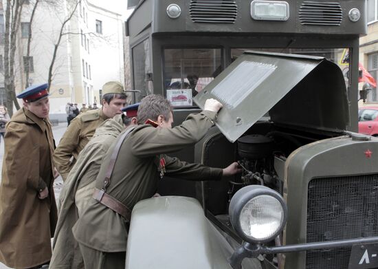 Retro-caravan of military equipment from WWII in St. Petersburg