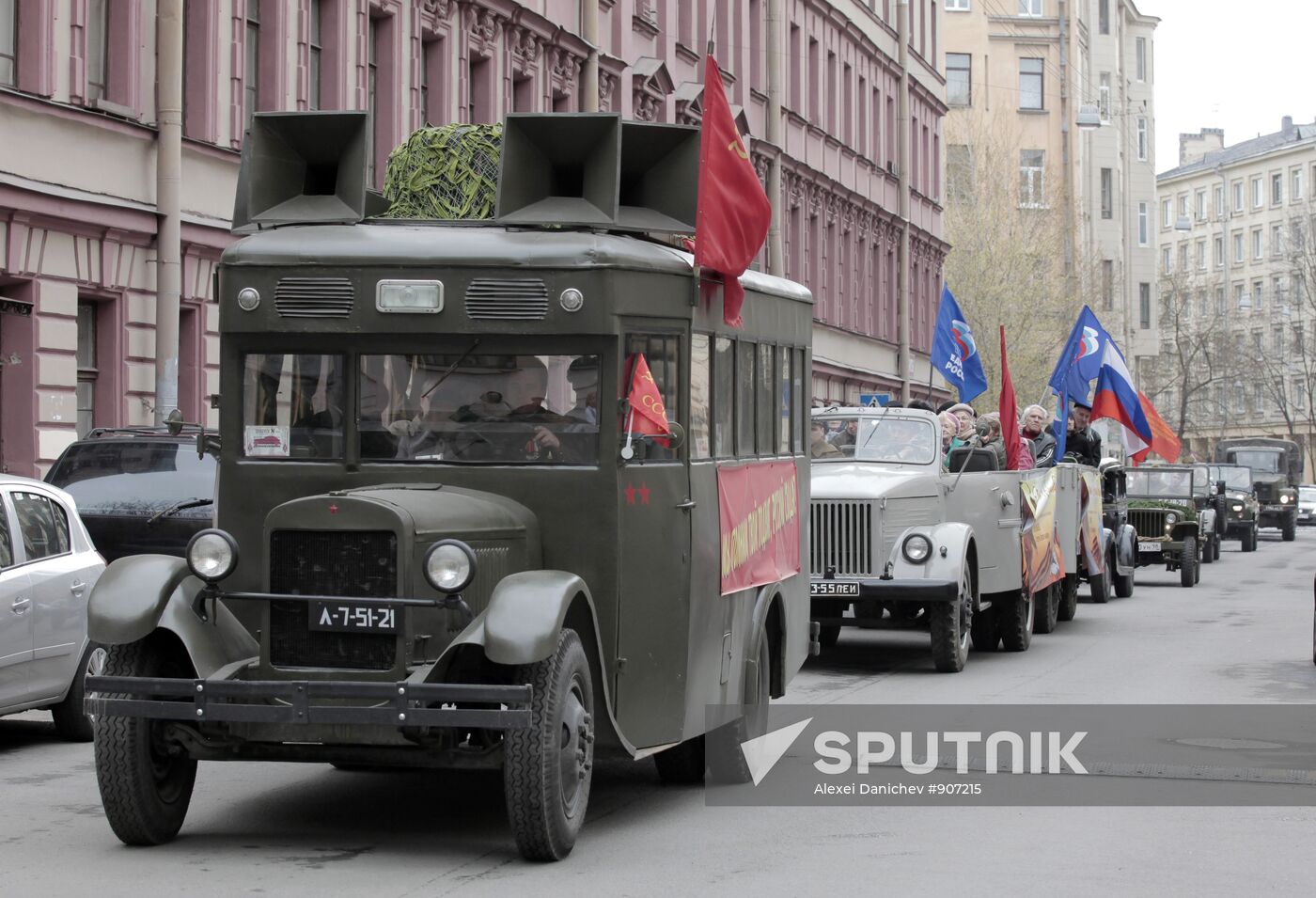 Retro-caravan of military equipment from WWII in St. Petersburg