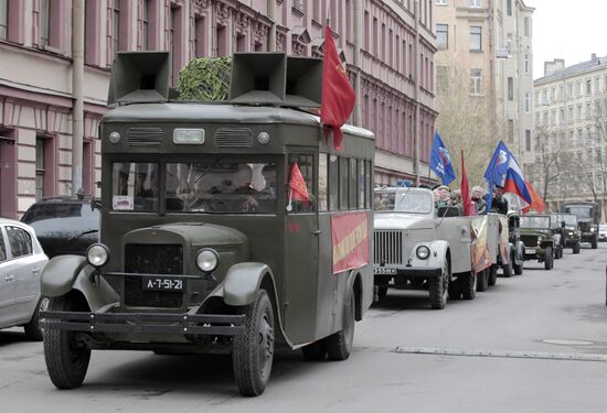 Retro-caravan of military equipment from WWII in St. Petersburg