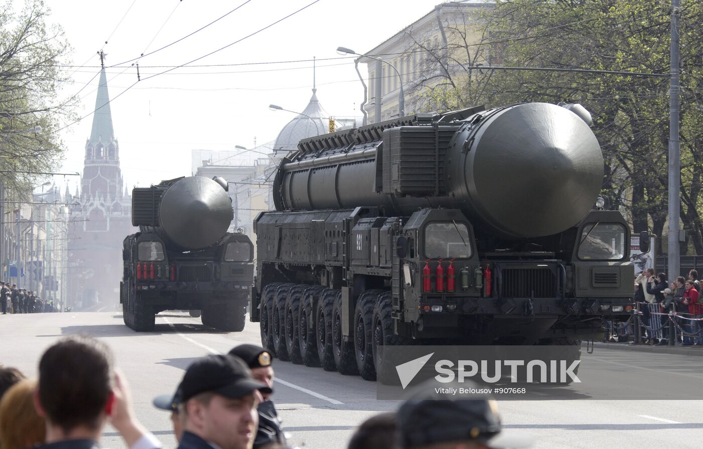 Military vehicles in Moscow after Victory Parade rehearsal