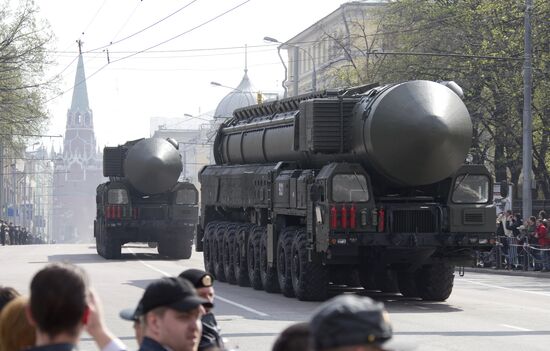 Military vehicles in Moscow after Victory Parade rehearsal