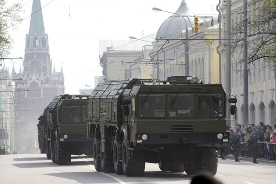 Military vehicles in Moscow after Victory Parade rehearsal
