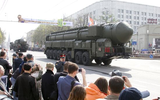 Military vehicles in Moscow after Victory Parade rehearsal