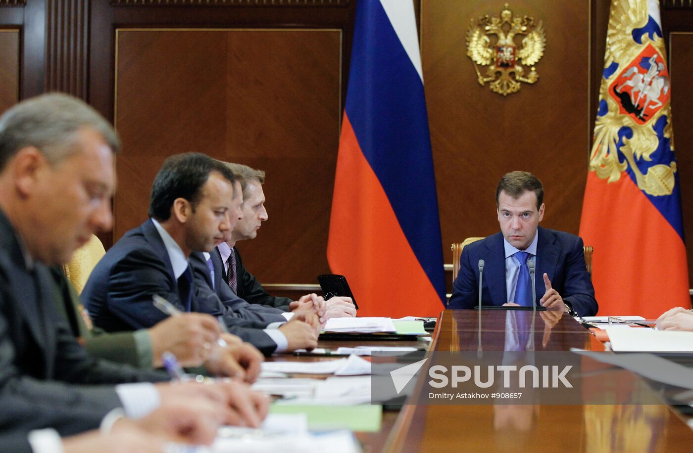 From right: Russian President Dmitry Medvedev, Presidential Chief of Staff Sergei Naryshkin, Deputy Prime Minister Sergei Ivanov and Presidential Aide Arkady Dvorkovich at the meeting on the defence industry complex development chaired by Medvedev at Gorki residence outside Moscow, May 10, 2011. Location: Russia, Moscow region. Author: Dmitry Astakhov/Sputnik. Dmitry Medvedev chairs meeting on defence industry complex