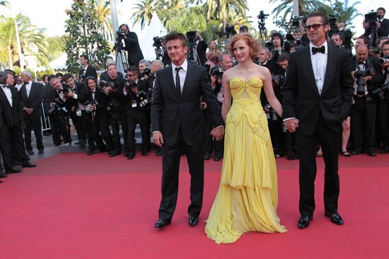 Actors Sean Penn, Jessica Chastain and Brad Pitt