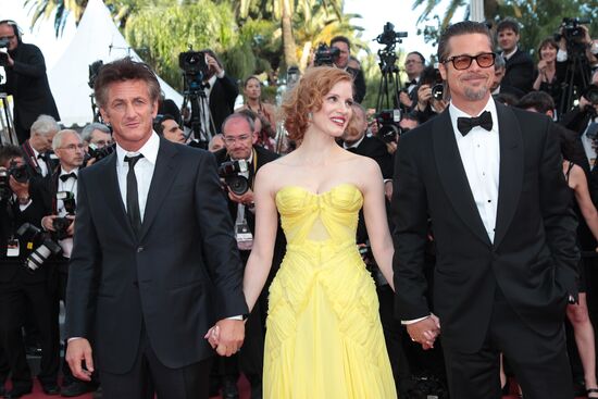 Actors Sean Penn, Jessica Chastain and Brad Pitt