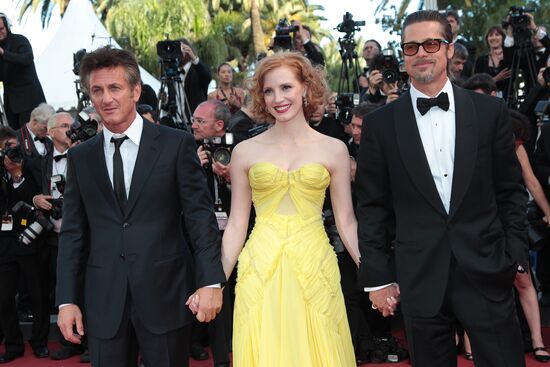 Actors Sean Penn, Jessica Chastain and Brad Pitt