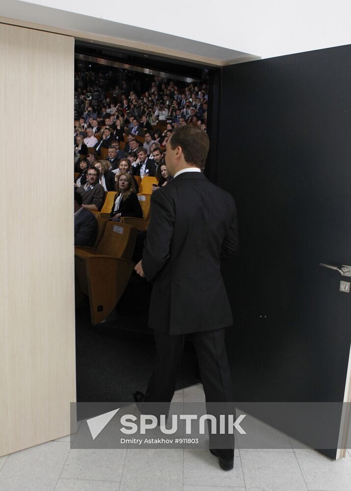 Russian President Dmitry Medvedev at news conference in Skolkovo