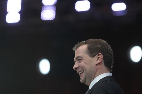 Russian President Dmitry Medvedev at news conference in Skolkovo