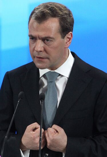 Russian President Dmitry Medvedev at news conference in Skolkovo