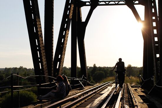 Steel railway bridge over Teza River in Shuya