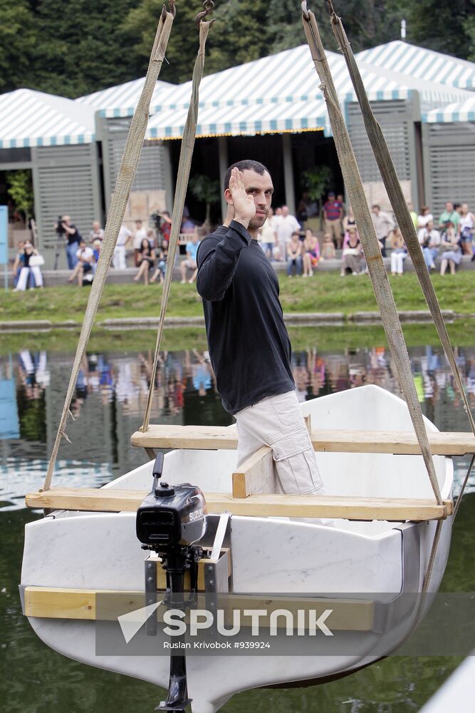 Fabio Viale's marble boat set afloat on Golitsynsky pond