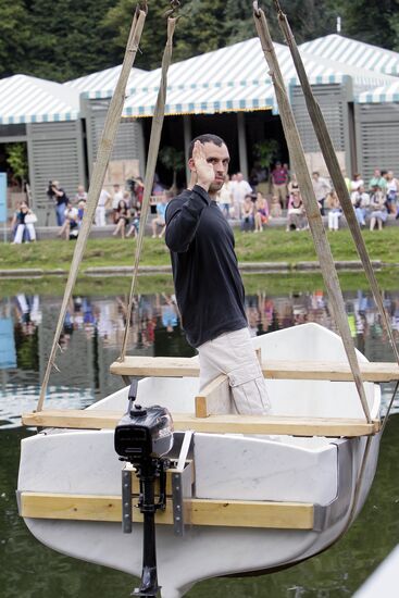 Fabio Viale's marble boat set afloat on Golitsynsky pond