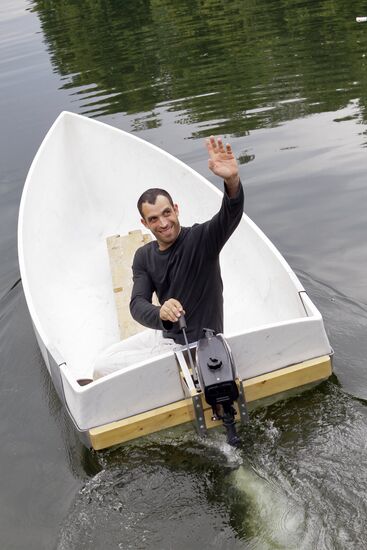 Fabio Viale's marble boat set afloat on Golitsynsky pond