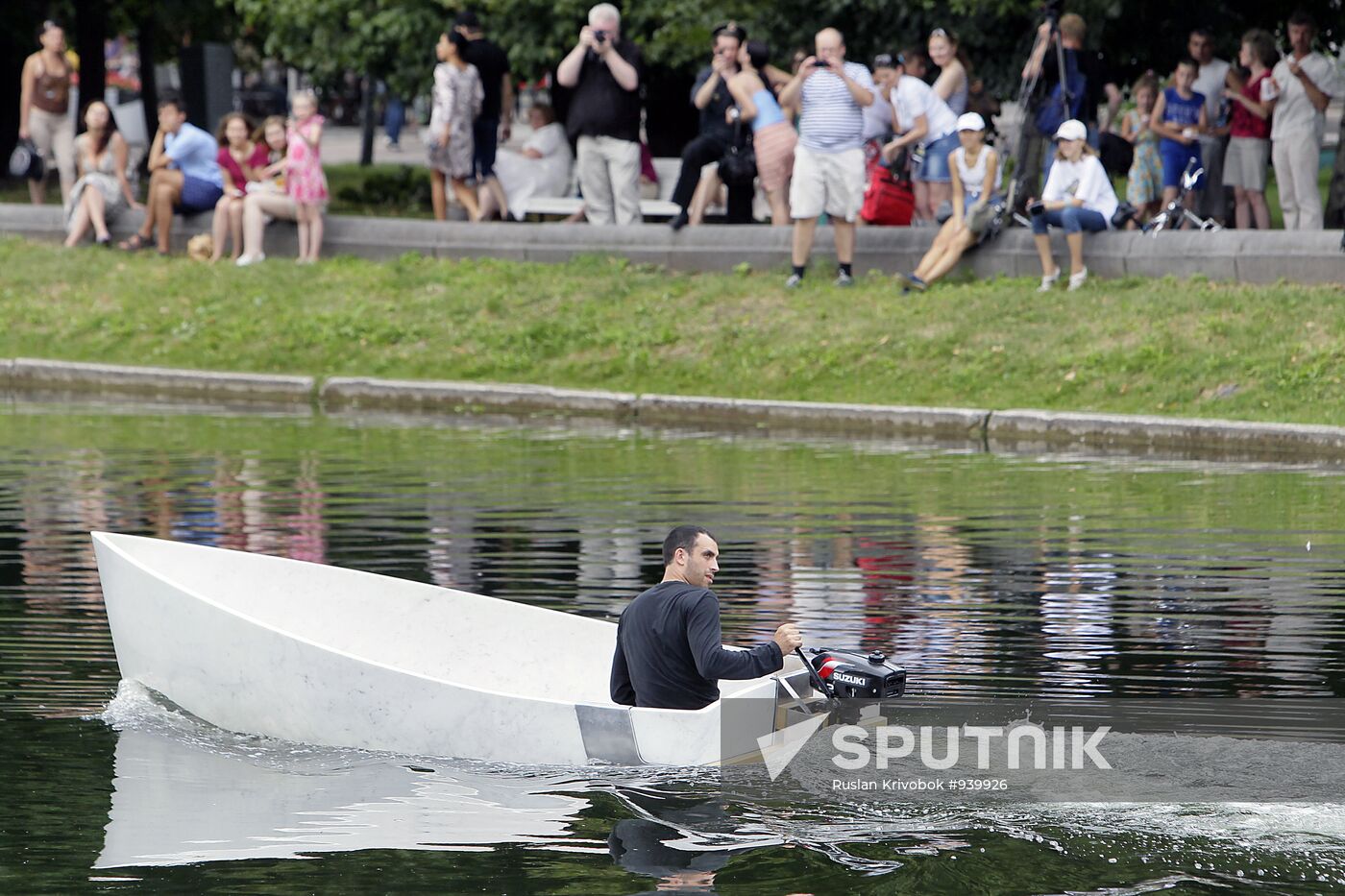 Fabio Viale's marble boat set afloat on Golitsynsky pond